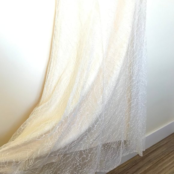 Badgley Mischka Bridesmaids Floor Length Pale Yellow Lace Overlay Mesh Back Gown - Picture 7 of 10